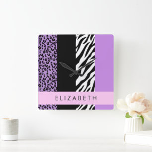 Leopard Print, Zebra Print, Purple, Your Name Square Wall Clock