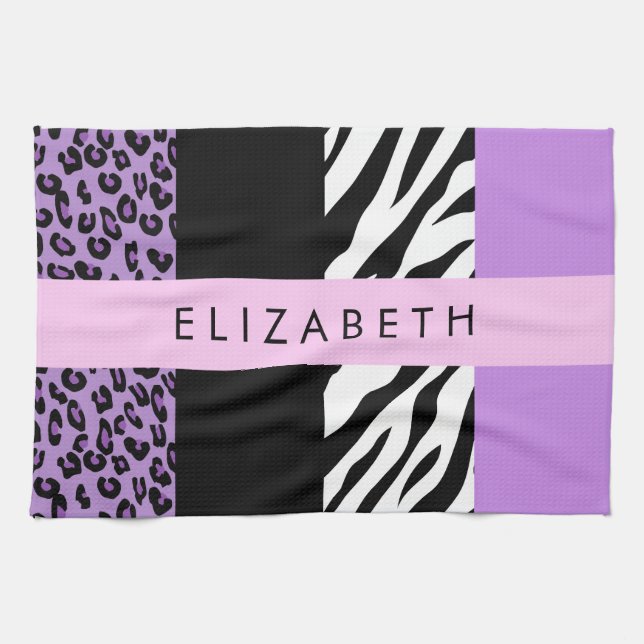 Leopard Print, Zebra Print, Purple, Your Name Tea Towel (Horizontal)
