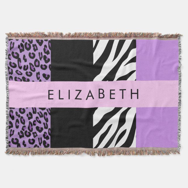 Leopard Print, Zebra Print, Purple, Your Name Throw Blanket (Front)