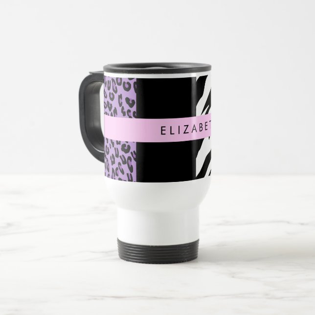 Leopard Print, Zebra Print, Purple, Your Name Travel Mug (Front Left)