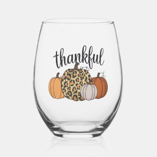 Leopard Pumpkin Season Thanksgiving Halloween Fall Stemless Wine Glass