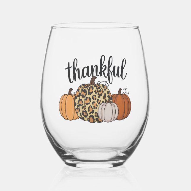 Leopard Pumpkin Season Thanksgiving Halloween Fall Stemless Wine Glass (Front)
