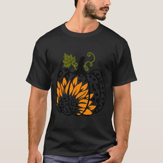 Leopard Pumpkin Sunflower Fall Autumn Halloween Th T-Shirt (Front)