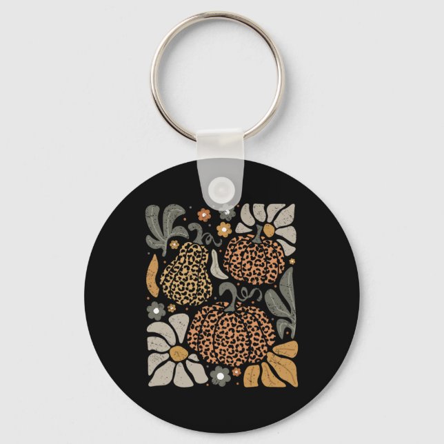 Leopard Pumpkin With Flowers Boho Floral Thanksgiv Key Ring (Front)