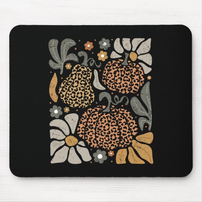 Leopard Pumpkin With Flowers Boho Floral Thanksgiv Mouse Mat (Front)