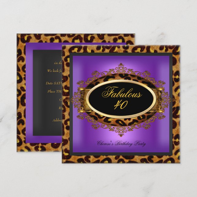 Leopard Purple Gold Black Birthday Fabulous 40 Invitation (Front/Back)