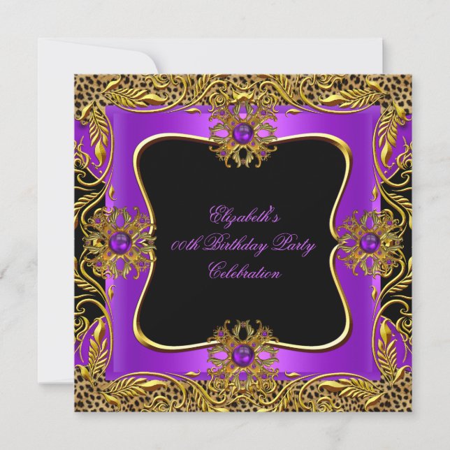 Leopard Purple Gold Jewel Black Birthday Party Invitation (Front)