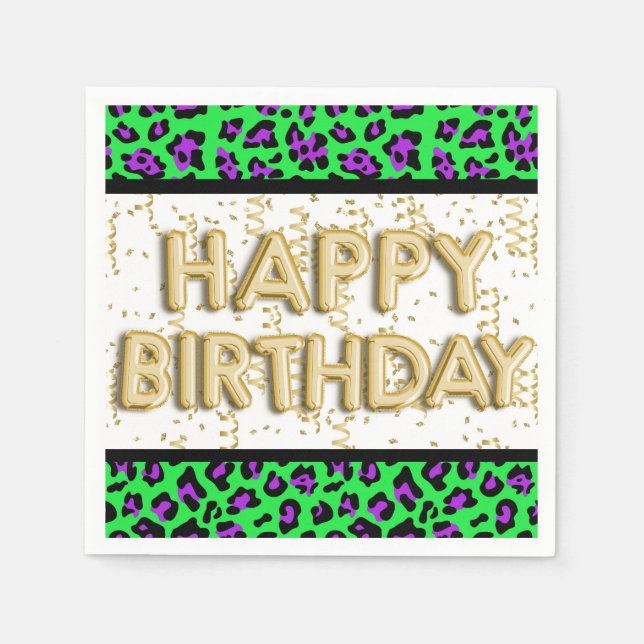 Leopard Purple Green Gold Happy Birthday  Napkin (Front)