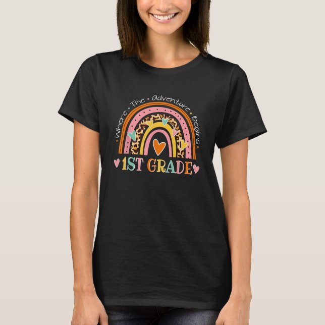 Leopard Rainbow 1st Grade Where The Adventure Begi T-Shirt (Front)