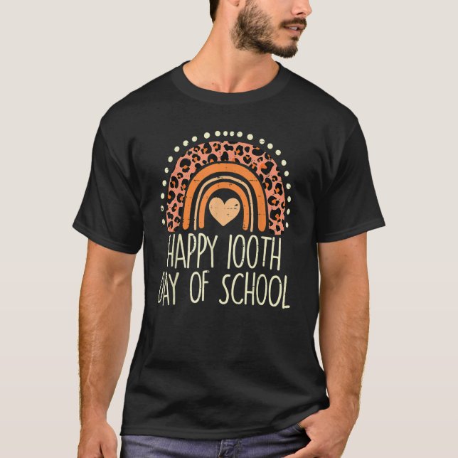 Leopard Rainbow Happy 100th Day School Cute 100 Da T-Shirt (Front)
