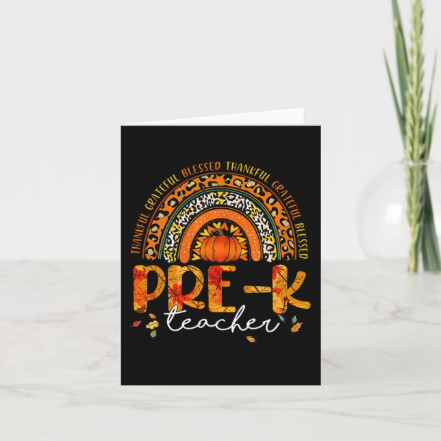 Leopard Rainbow Thankful Pre K Teacher Fall Thanks Card (Front)