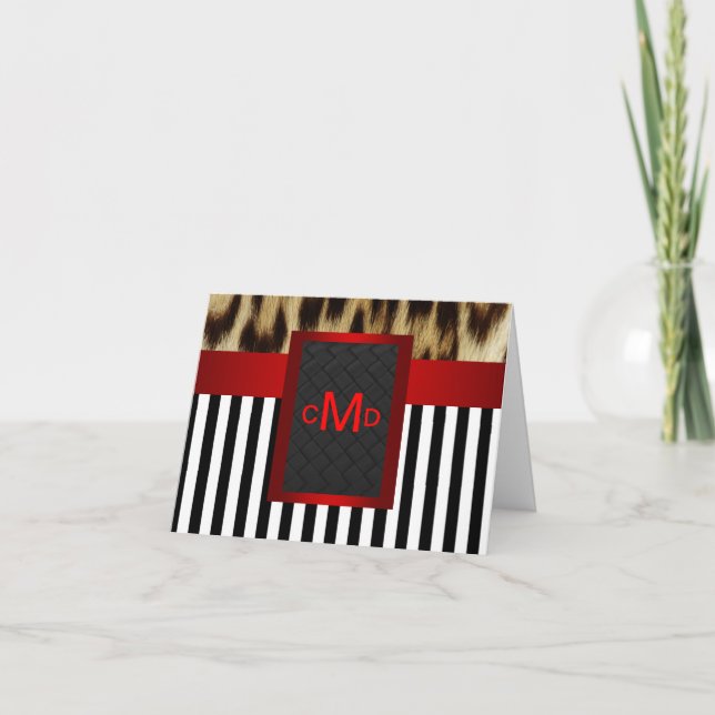 Leopard Red Black White Stripe Monogram Thank You Card (Front)