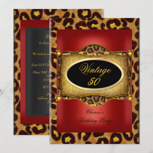 Leopard Red Gold Black Birthday Elegant Vintage Invitation