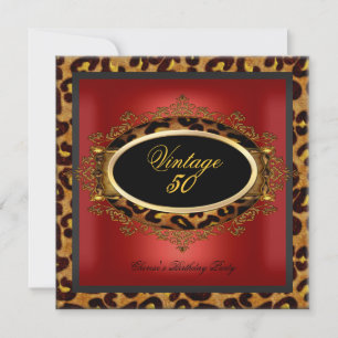 Leopard Red Gold Black Birthday Party Vintage 50 Invitation