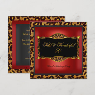 Leopard Red Gold Black Birthday Party Wild 50 Invitation