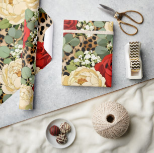 Leopard & Red Rose Pattern - Chic Floral Animal Wrapping Paper