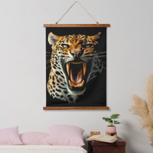 Leopard roaring attack head hanging tapestry
