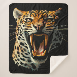 Leopard roaring attack head sherpa blanket