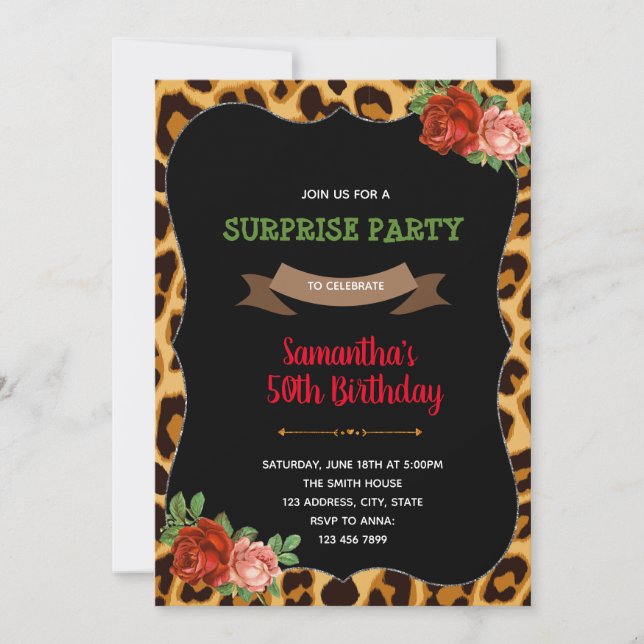 Leopard rose adult birthday invitation (Front)