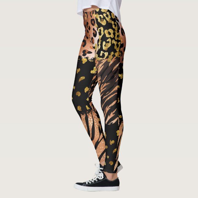 Leopard rose gold abstract pattern on black leggings (Left)