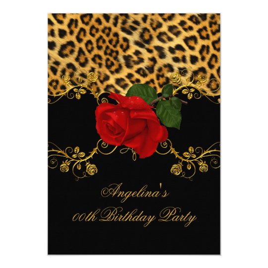 Leopard Roses Red Black Gold Birthday Party 2 Card