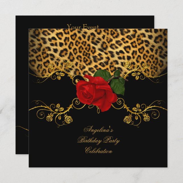 Leopard Roses Red Black Gold Birthday Party Invitation (Front/Back)