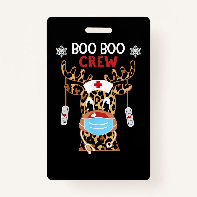 Leopard Rudolph Reindeer Face Mask Nurse Boo Boo ID Badge (Front)
