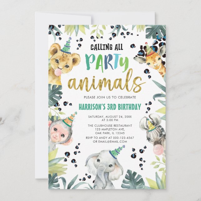 Leopard Safari Calling All Party Animals Birthday Invitation (Front)