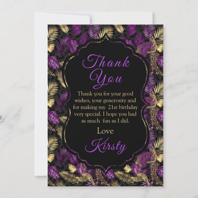 Leopard Safari Palm Leaves Purple Gold Birthday Thank You Card (Front)