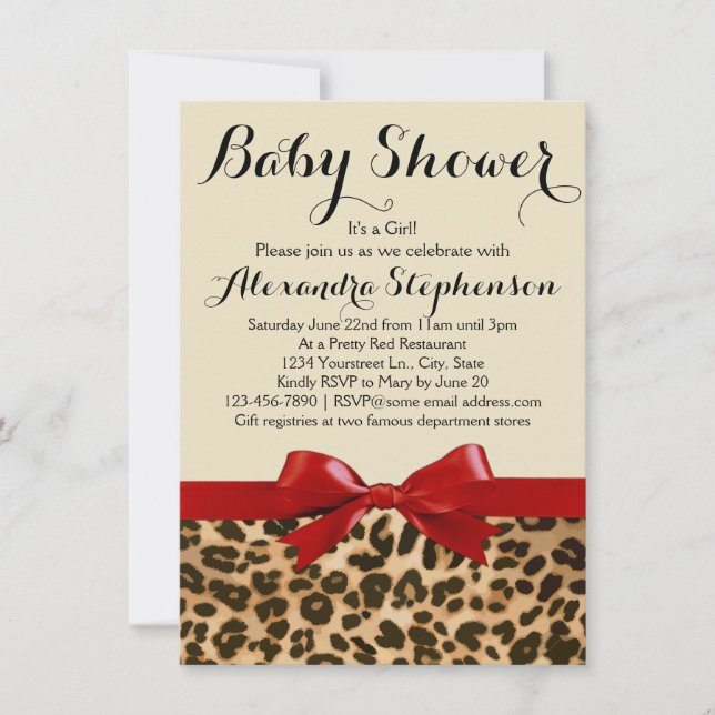 Leopard Safari Red Bow Girl Baby Shower Invitation (Front)
