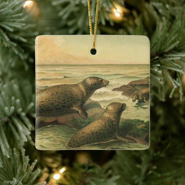 Leopard Seals, Vintage Aquatic Animals Marine Life Ceramic Ornament (Tree)