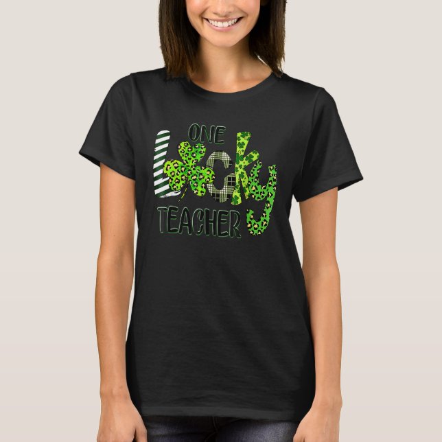 Leopard Shamrock One Lucky Teacher St Patricks Day T-Shirt (Front)