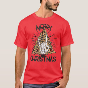Leopard Skeleton Rock N Roll Hand Sign Merry Chris T-Shirt