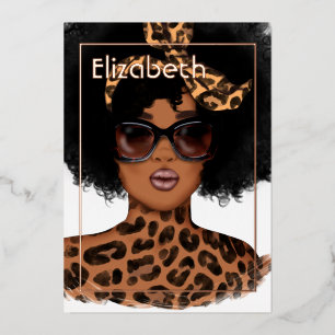 Leopard Skin Afro Birthday Party Foil Invitation