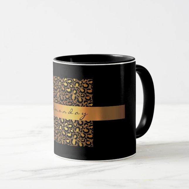 Leopard Skin Black Honey Gold Stripes Name Safari Mug (Front Right)