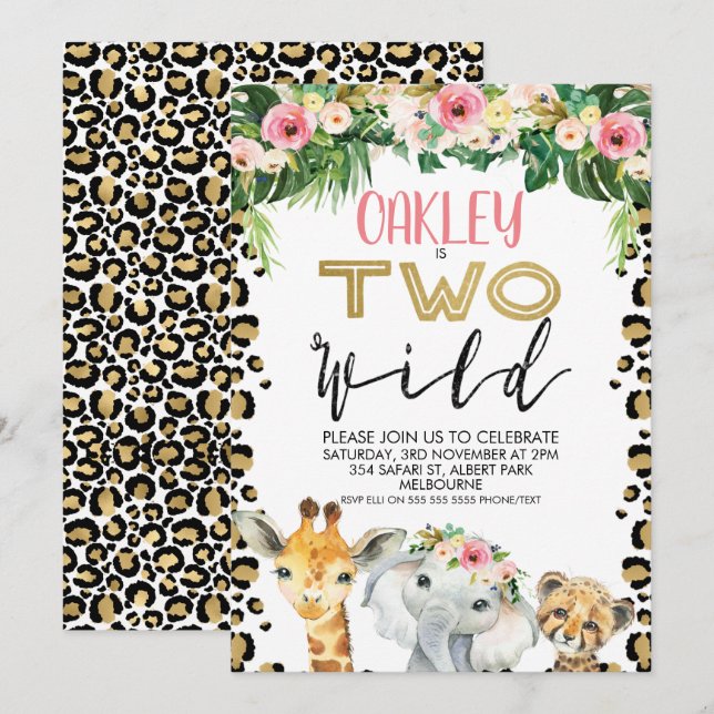 Leopard Skin Floral Two Wild Birthday Invitation (Front/Back)