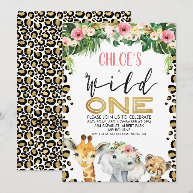 Leopard Skin Floral Wild One Birthday Invitation (Front/Back)