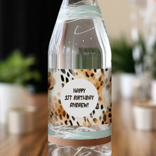 Leopard skin pattern, Safari themed Boy 1st birthd Water Bottle Label