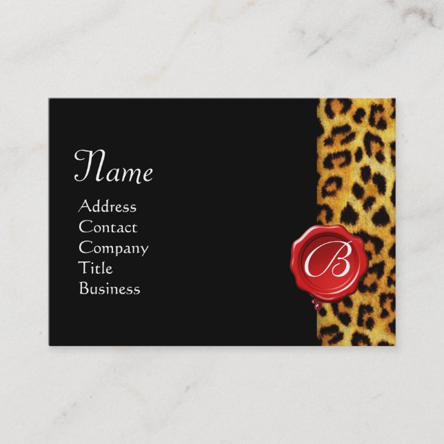 LEOPARD SKIN ,RED WAX SEAL MONOGRAM ,Black Business Card (Front)
