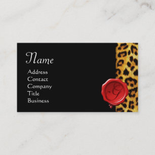 LEOPARD SKIN ,RED WAX SEAL MONOGRAM ,Black Business Card