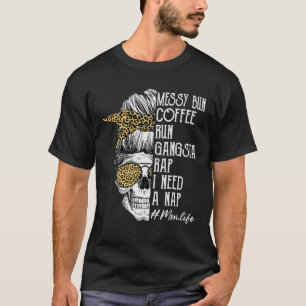 Leopard Skull Lady Mum Life Messy Bun Coffee Run G T-Shirt