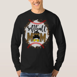 Leopard Softball Mum Life Messy Bun Hair Glasses M T-Shirt