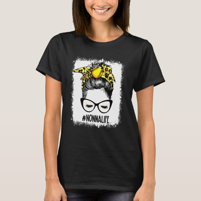 Leopard Softball Nonna Life Messy Bun Game Day Mot T-Shirt (Front)