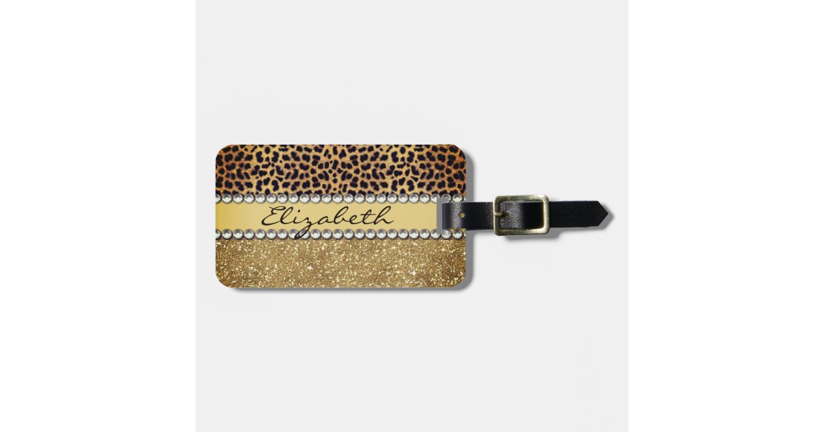 Leopard Spot Gold Glitter Rhinestone Add Name Luggage Tag | Zazzle