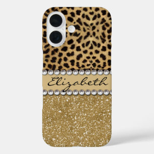Leopard Spot Gold Glitter Rhinestone iPhone 16 Case