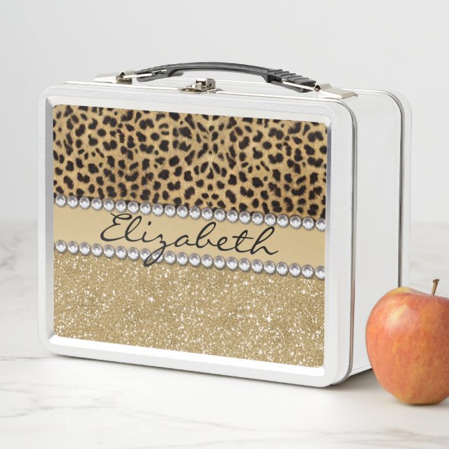 Leopard Spot Gold Glitter Rhinestone Metal Lunch Box (In Situ)