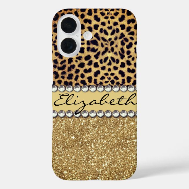 Leopard Spot Gold Glitter Rhinestone Personalise Case-Mate iPhone Case (Back)