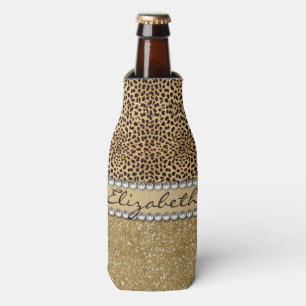 Leopard Spot Gold Glitter Rhinestone PHOTO PRINT Bottle Cooler