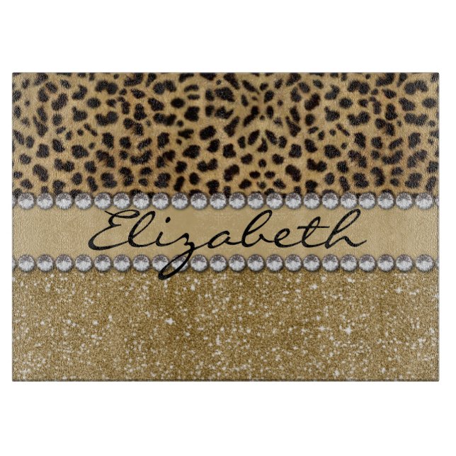 Leopard Spot Gold Glitter Rhinestone PHOTO PRINT Cutting Board (Front)
