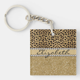 Leopard Spot Gold Glitter Rhinestone PHOTO PRINT Key Ring